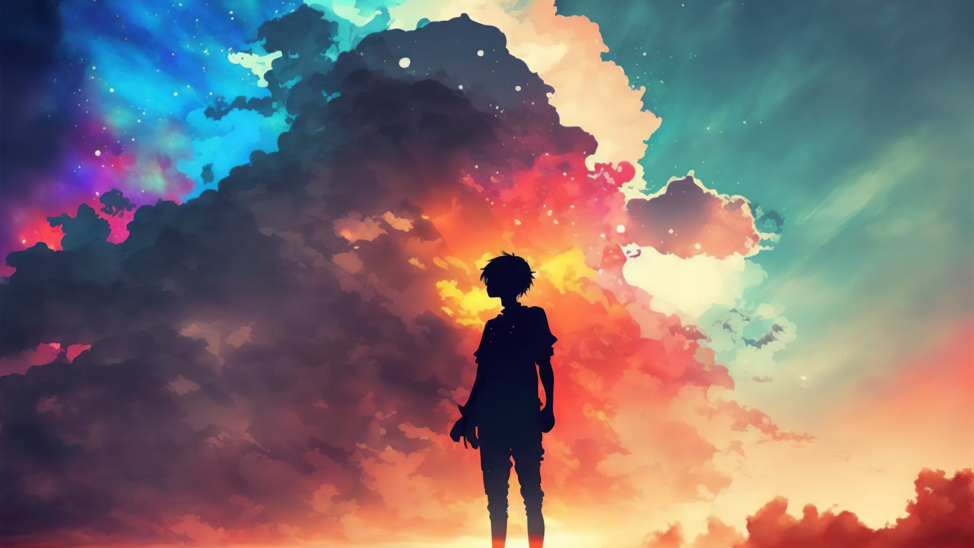 A digital 4K Ultra HD wallpaper showing a silhouette of a boy standing against vibrant clouds and a star-filled sky, blending colorful cosmic elements.