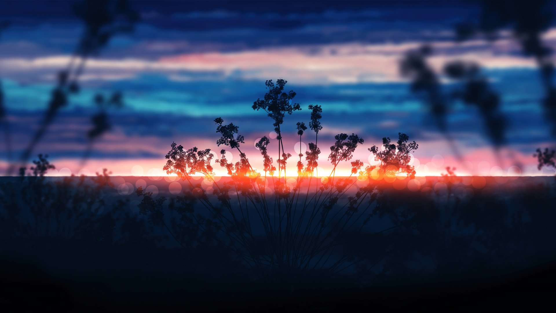 4K Ultra HD digital landscape wallpaper of silhouetted plants against a vibrant sunset sky with colorful clouds.