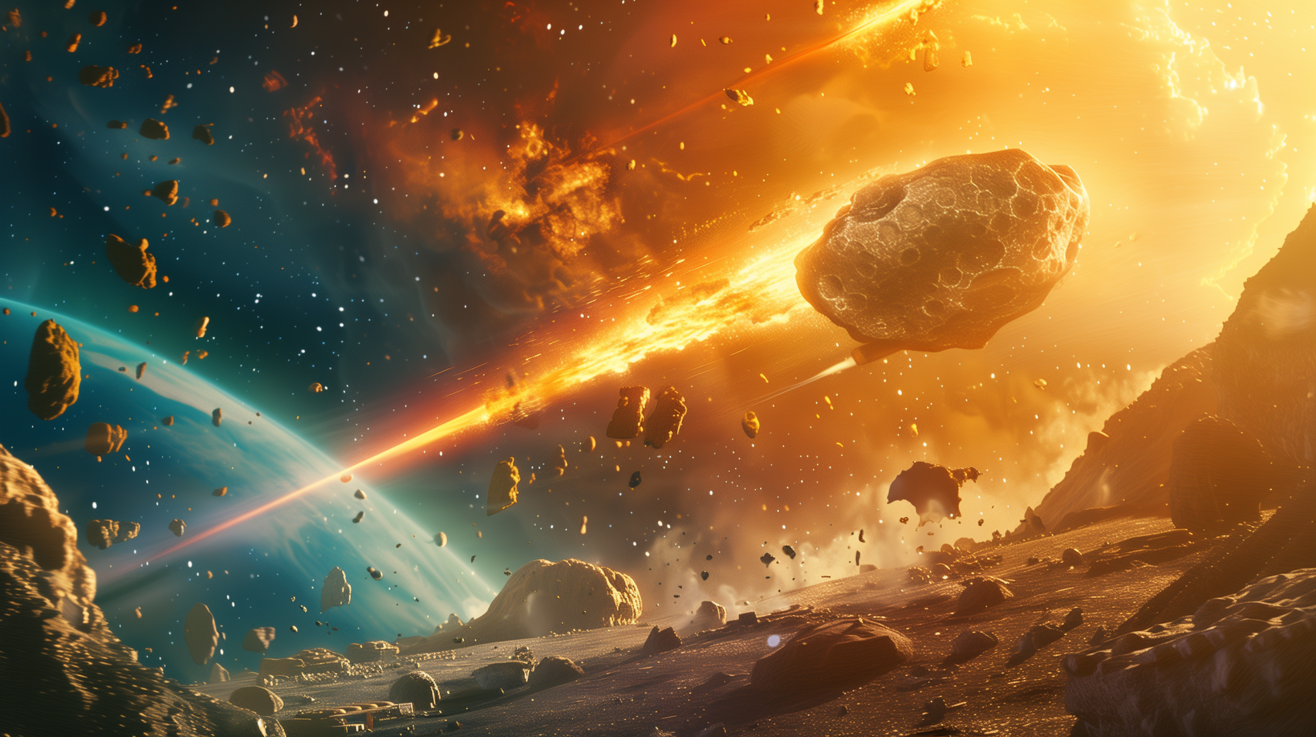 A stunning HD desktop wallpaper featuring a meteorite hurtling through space, surrounded by asteroids and vibrant cosmic colors, creating a captivating celestial scene.
