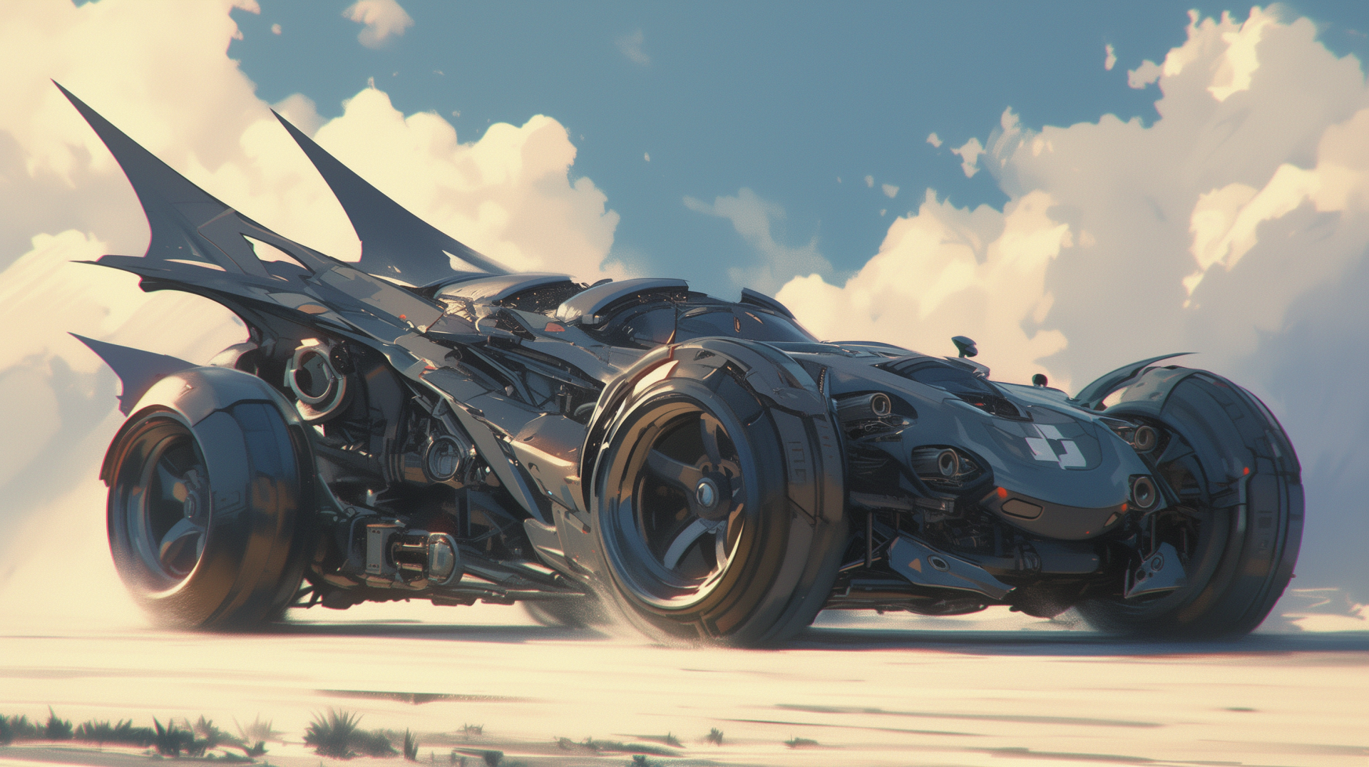 HD Wallpaper of Batmobile Design Concept with Dynamic Cloudy Sky Background.