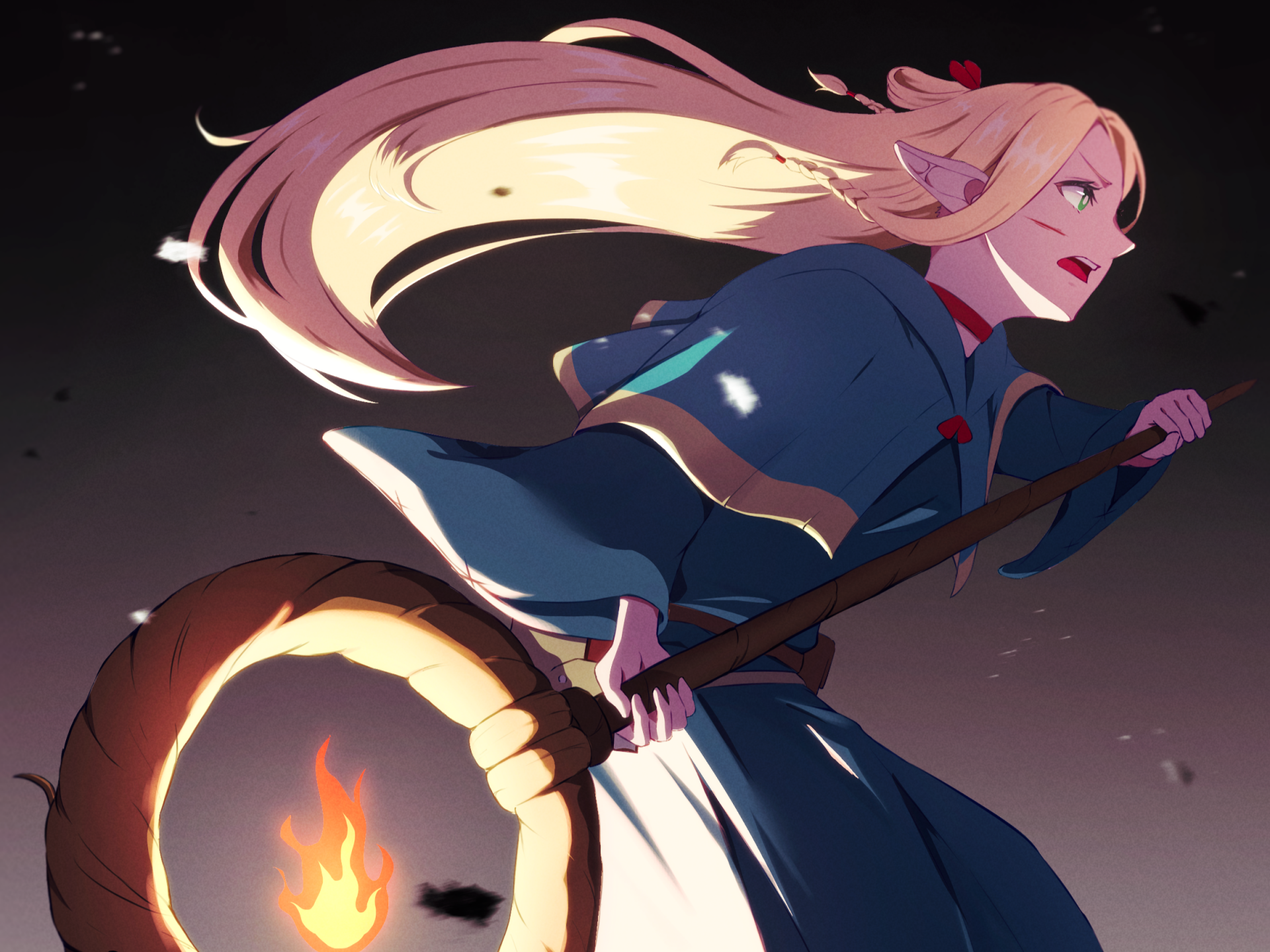HD PC desktop wallpaper featuring Marcille Donato from the anime Delicious in Dungeon, showcasing her determined expression and dynamic pose with vibrant colors.