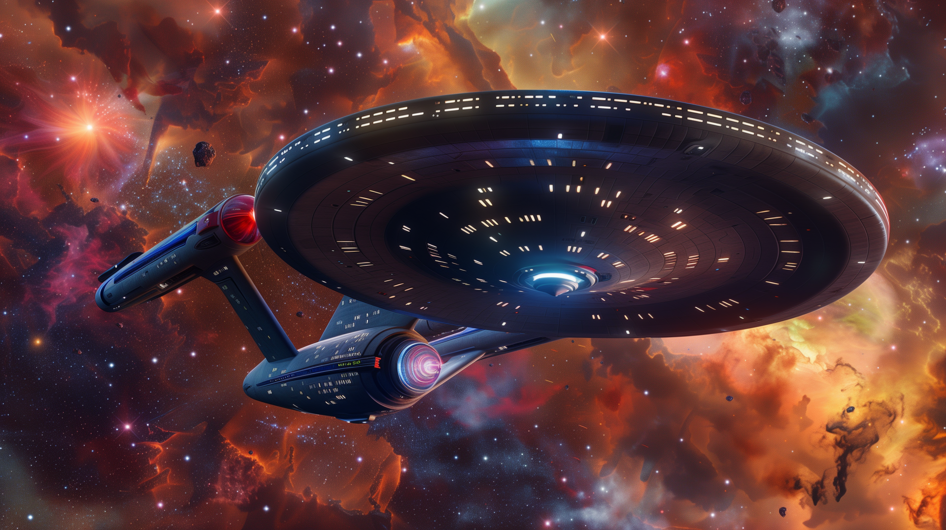 HD Desktop wallpaper featuring the USS Enterprise starship soaring through a vibrant cosmic nebula background.