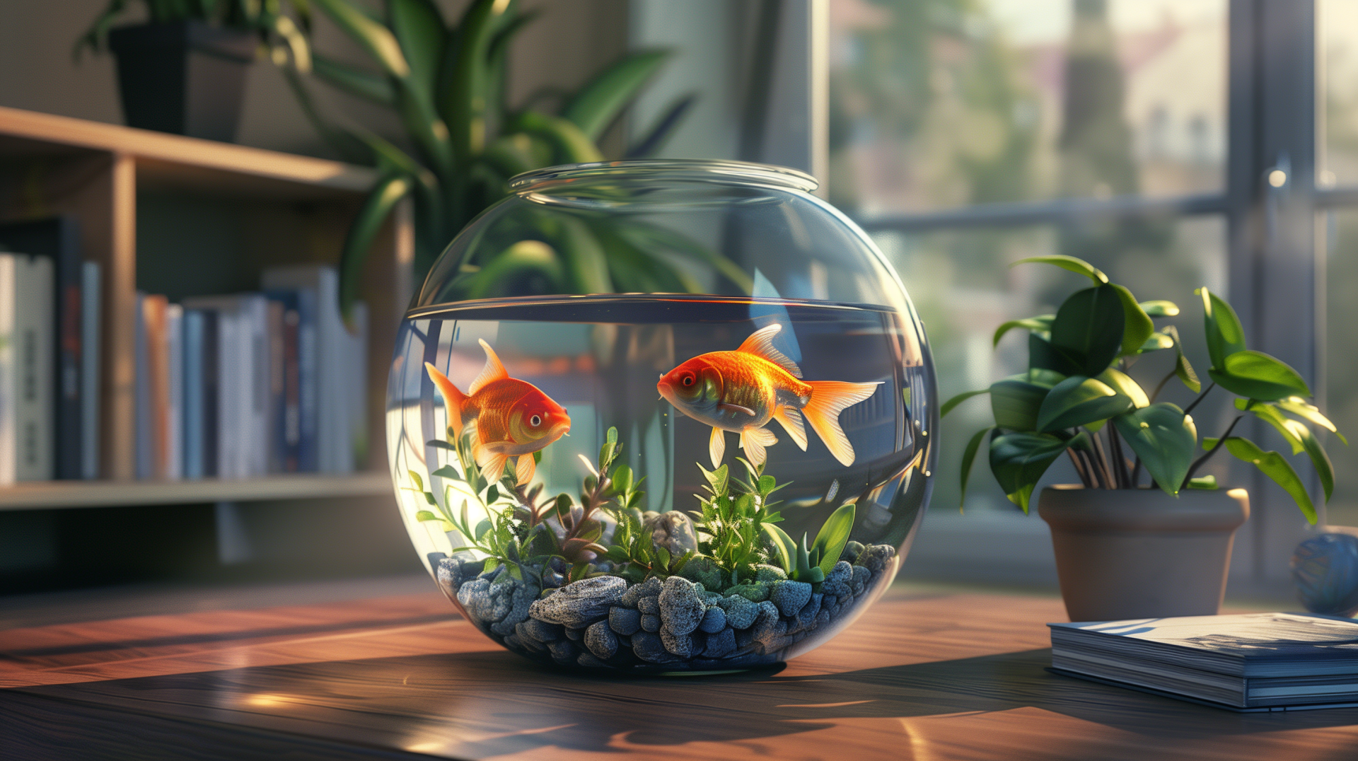 High-definition desktop wallpaper featuring a serene fish bowl with two goldfish, nestled on a wooden table amidst indoor plants with sunlight streaming through a window.