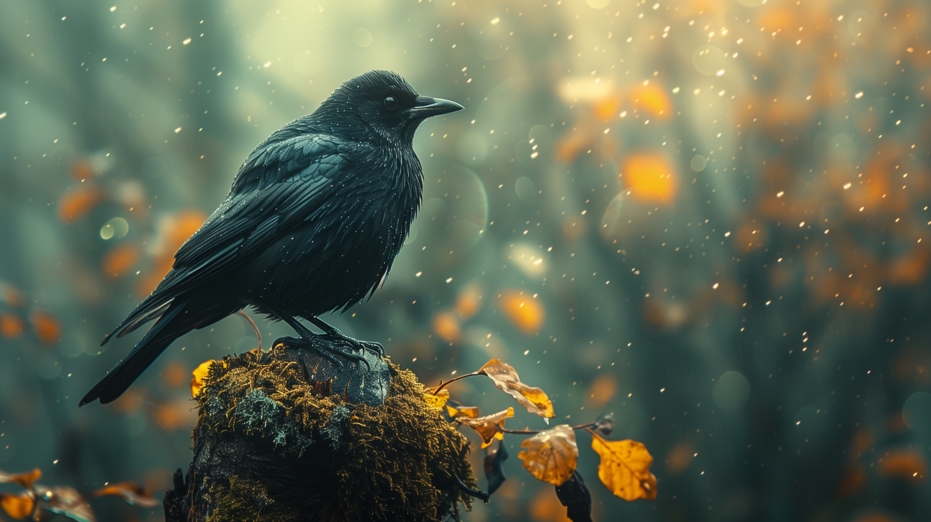 HD wallpaper of a black bird perched on a stump with a bokeh background of golden lights and autumn leaves.