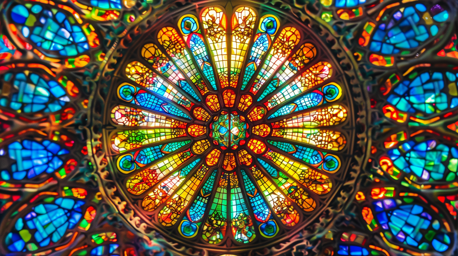 A vibrant kaleidoscope-patterned stained glass window serves as a captivating HD desktop wallpaper and background.