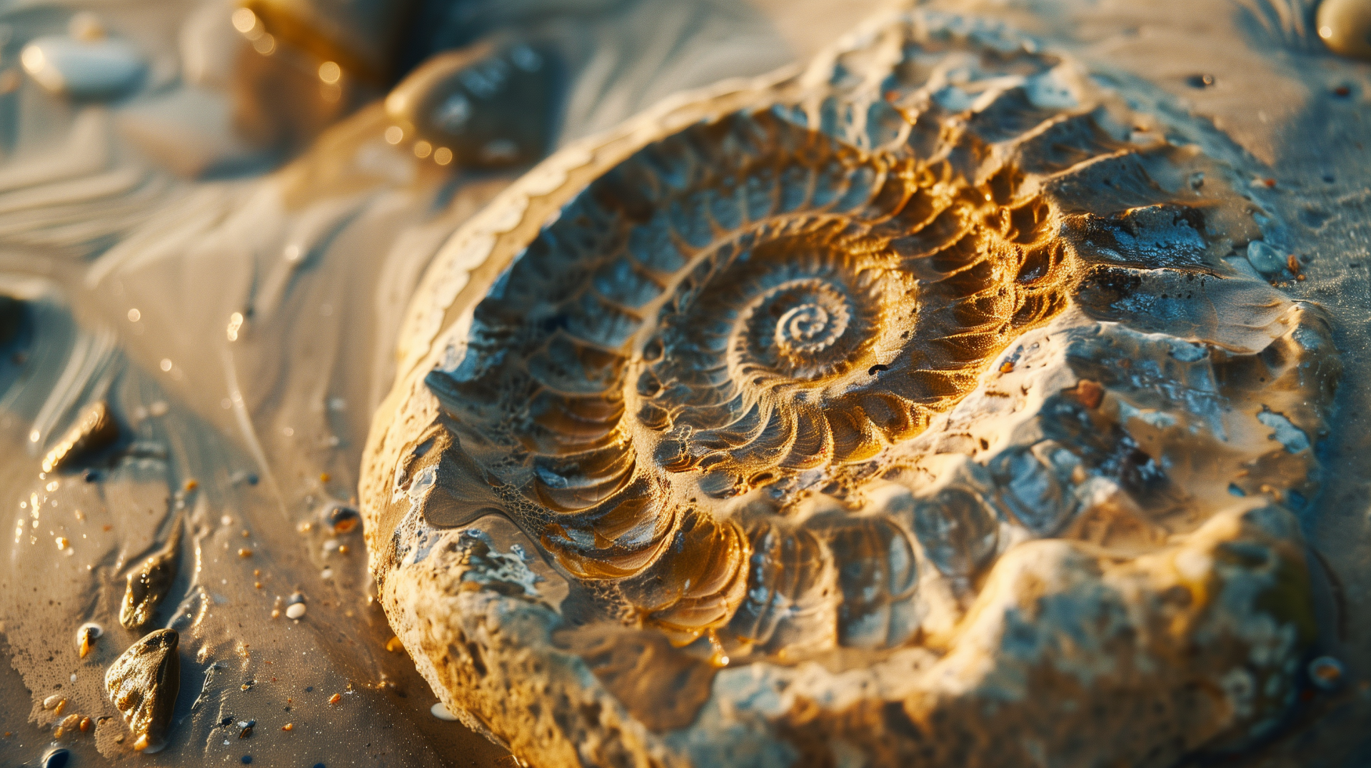HD desktop wallpaper featuring a close-up of an ammonite fossil.