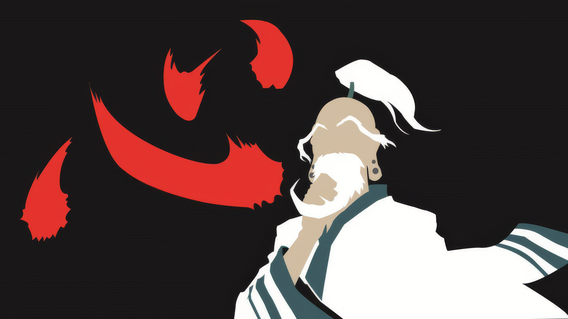 Minimalist HD wallpaper featuring a stylized depiction of Isaac Netero from the anime Hunter x Hunter, set against a dark background with red accents.