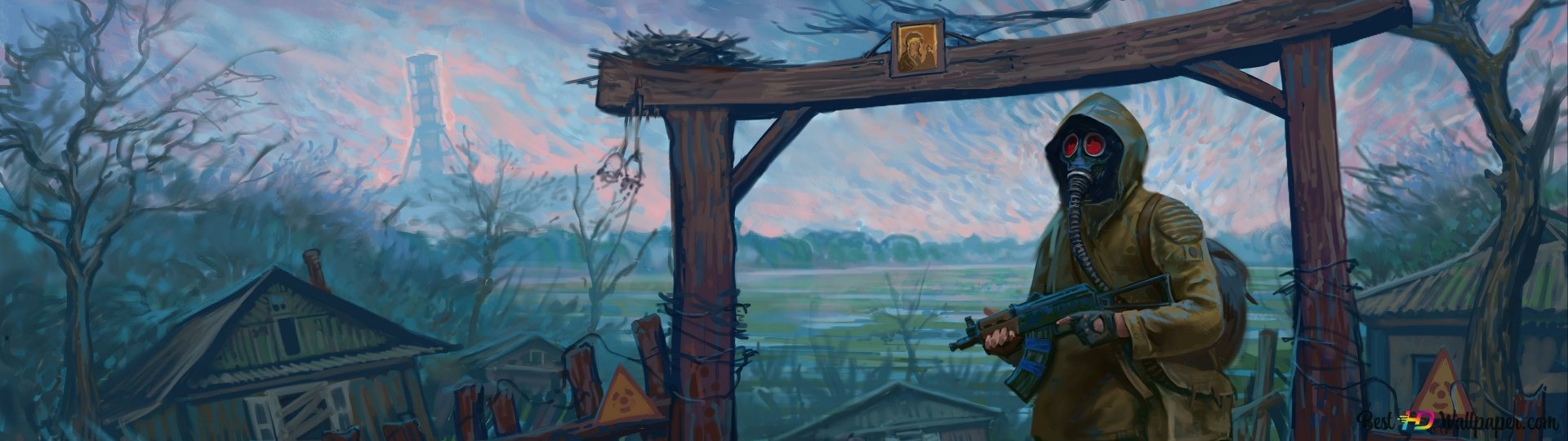 HD PC desktop wallpaper from S.T.A.L.K.E.R. 2: Heart of Chernobyl featuring a gas-masked figure with a rifle standing near a wooden gate in a bleak, post-apocalyptic landscape.