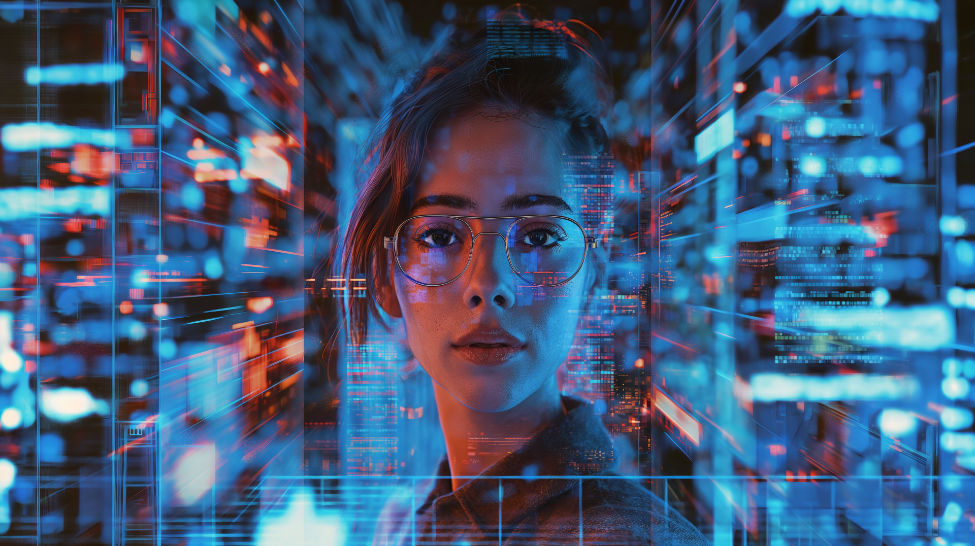 A captivating HD wallpaper featuring a hipster with glasses, surrounded by vibrant blue and red glitch effects, creating a dynamic, tech-inspired atmosphere.