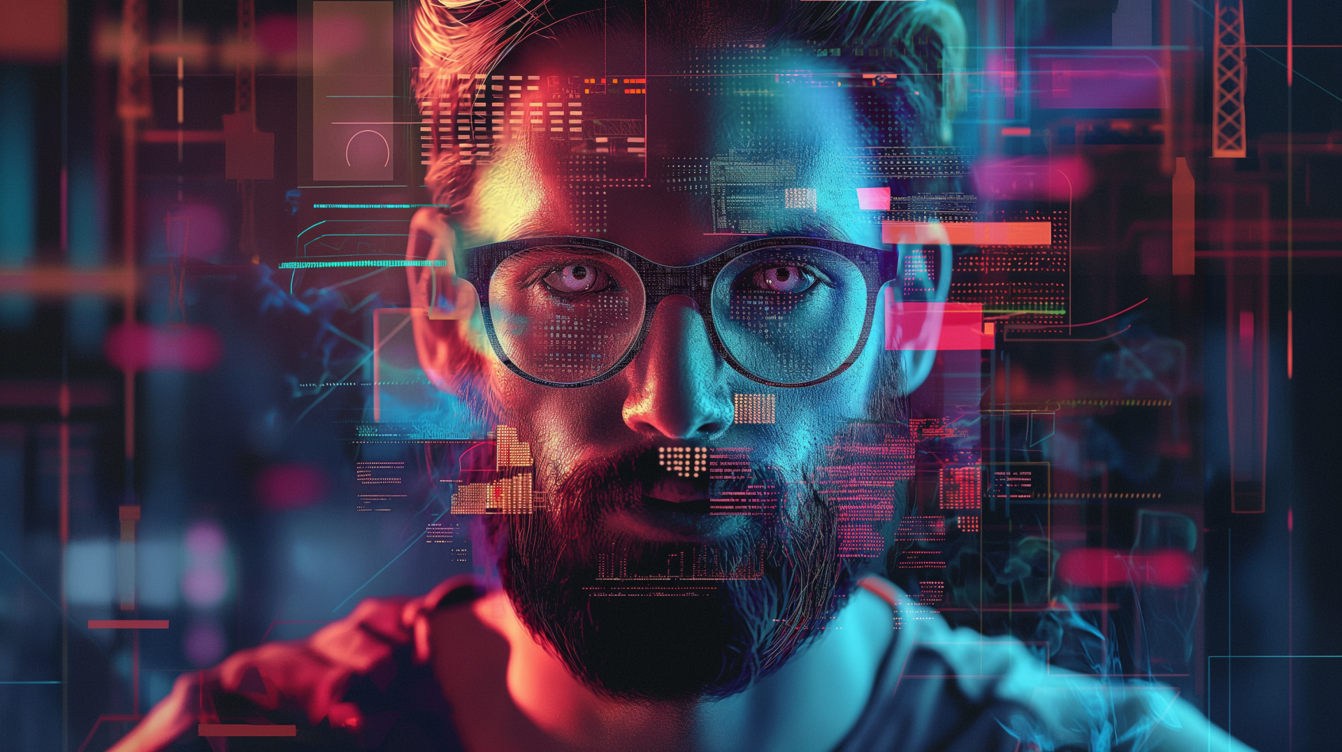 Hipster man with beard and glasses against a colorful glitch effect background, HD wallpaper.