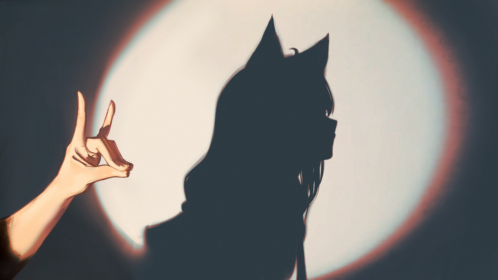 Shadow art of an anime girl with fox ears, inspired by Shirakami Fubuki from hololive, captured in a 4K Ultra HD virtual YouTuber wallpaper style.