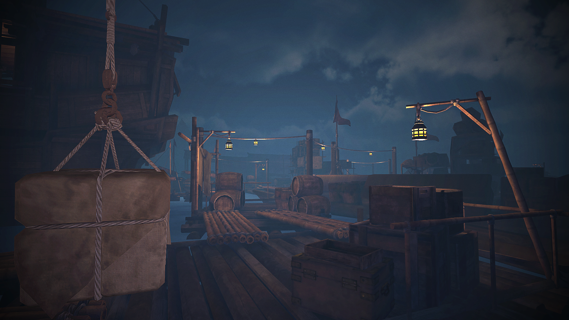 HD wallpaper of The Pirate Queen: A Forgotten Legend video game featuring a moody pirate ship deck at night.