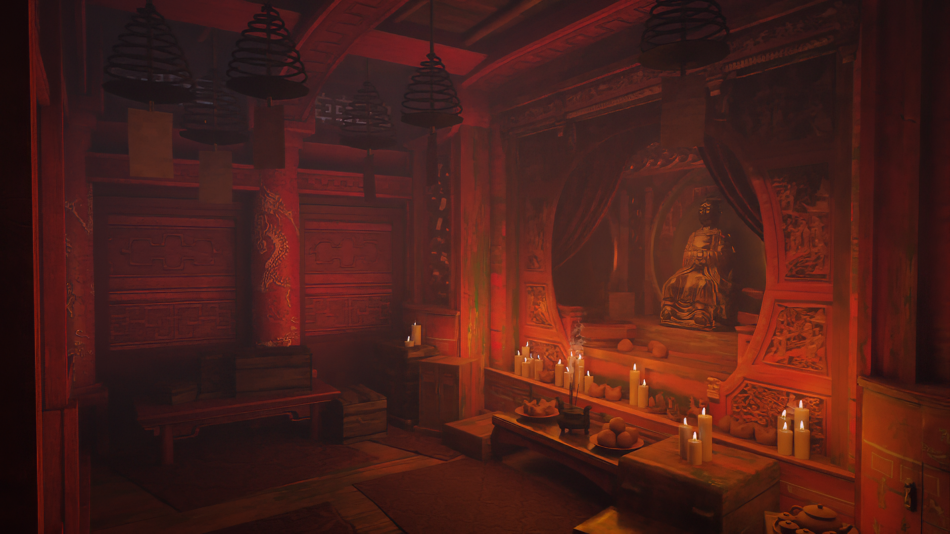 HD desktop wallpaper featuring an atmospheric scene from The Pirate Queen: A Forgotten Legend video game, showcasing a candlelit interior with ornate decorations.