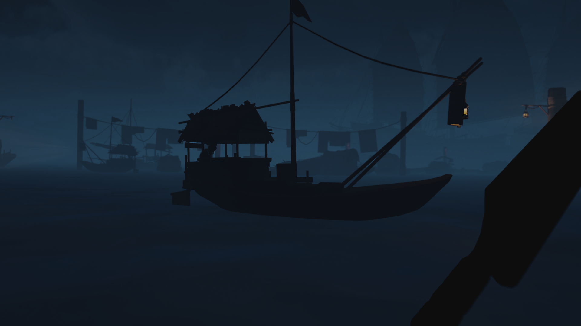 HD wallpaper of 'The Pirate Queen: A Forgotten Legend' video game featuring shadowy pirate ships at sea for desktop background.