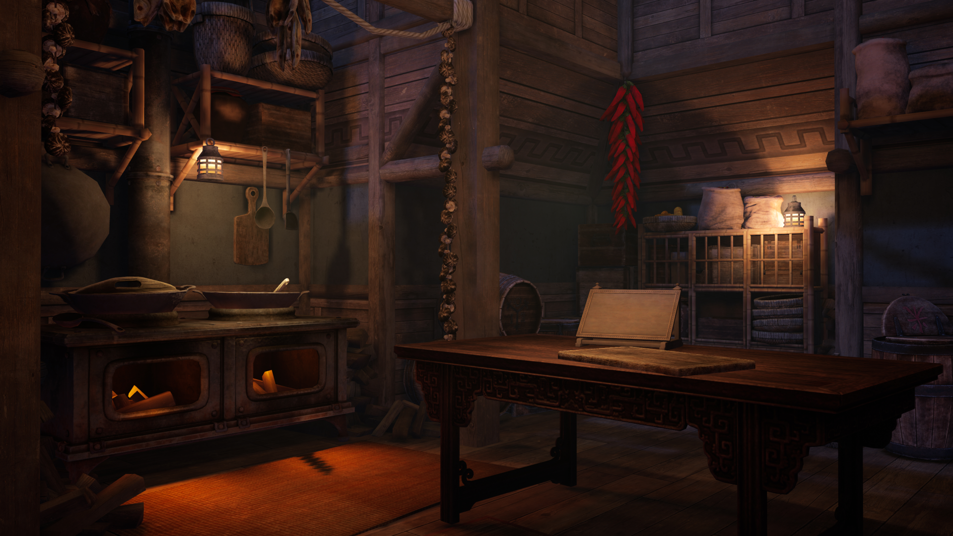 HD wallpaper of 'The Pirate Queen: A Forgotten Legend' video game with cozy cabin interior design featuring a wooden table, map, and dim lighting.