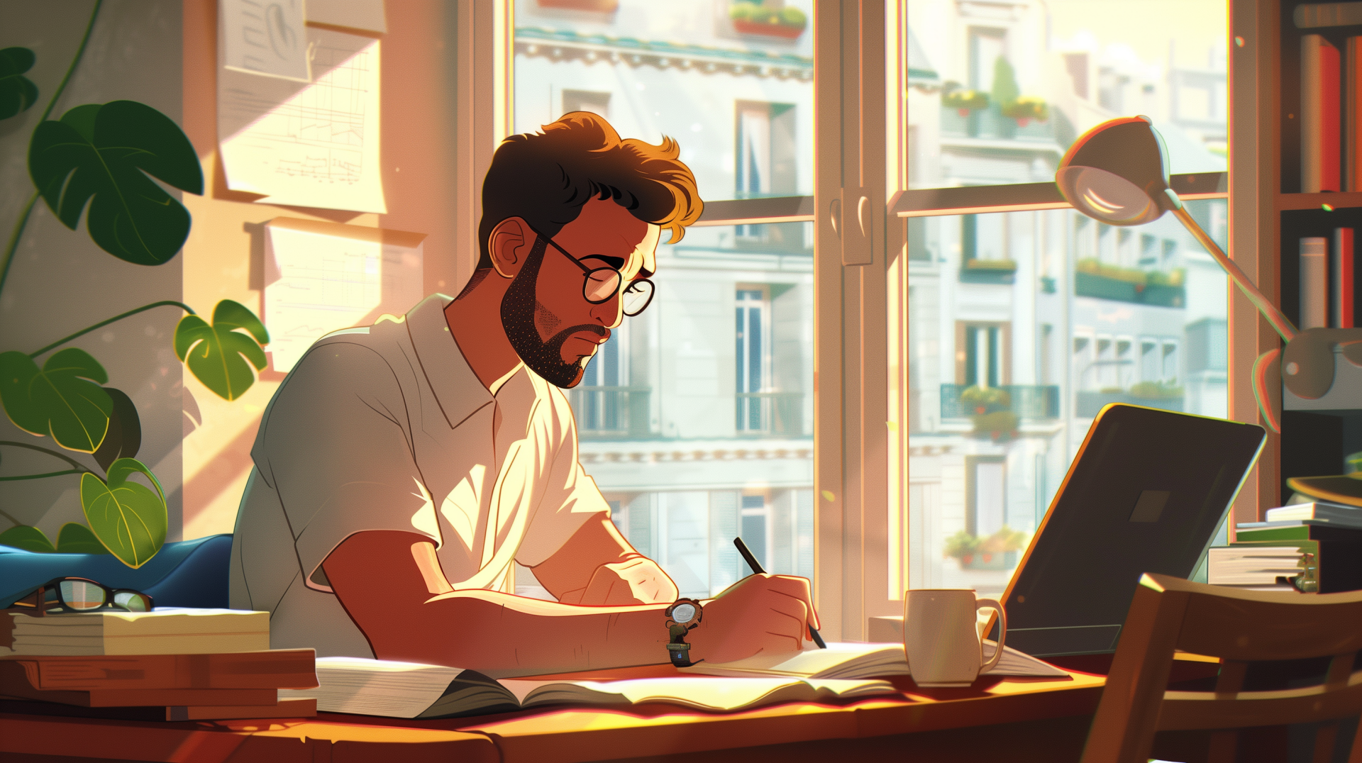 HD wallpaper of a cartoon depicting a focused person studying at a desk with an open laptop, books, and a warm sunlight ambiance.