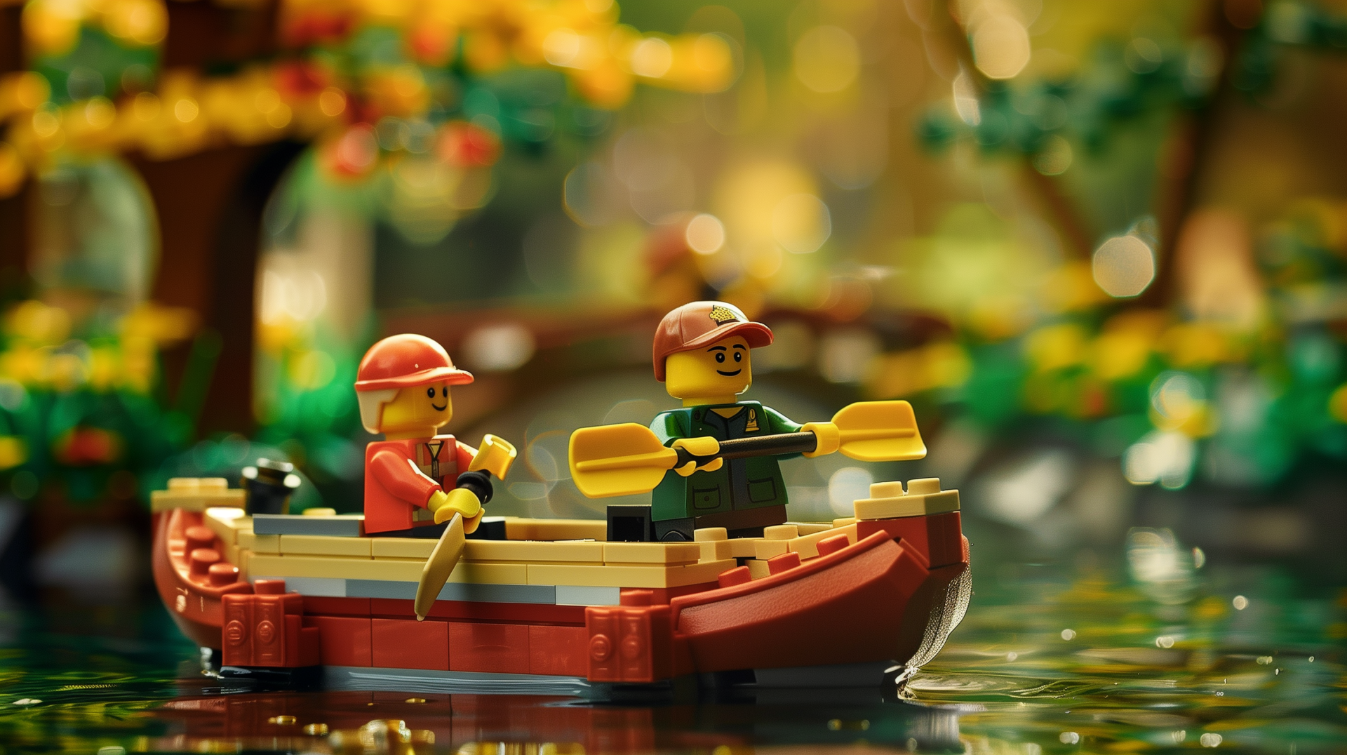 Two Lego figures paddle a bright red boat on a tranquil waterscape, surrounded by lush greenery. This vibrant scene makes an engaging HD desktop wallpaper.