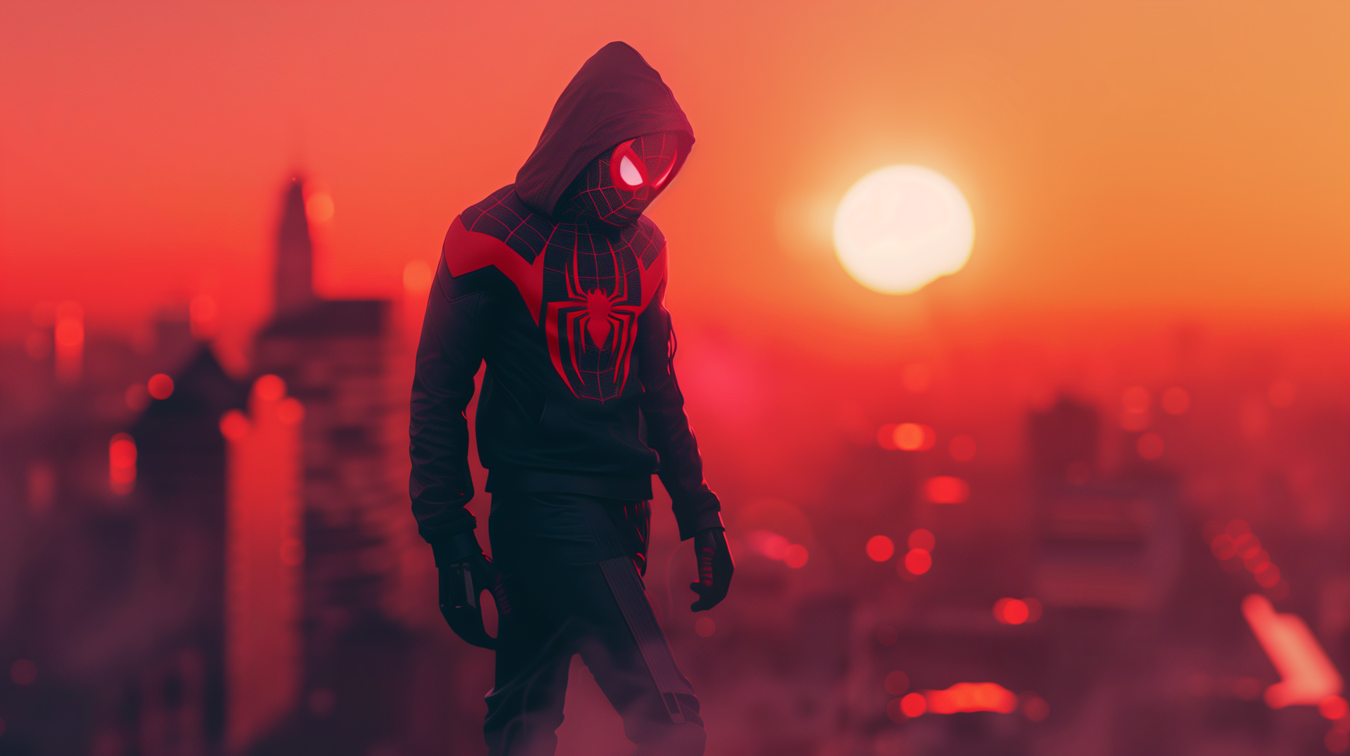 HD wallpaper of Spider-Man: Miles Morales video game character standing against a city skyline at sunset.