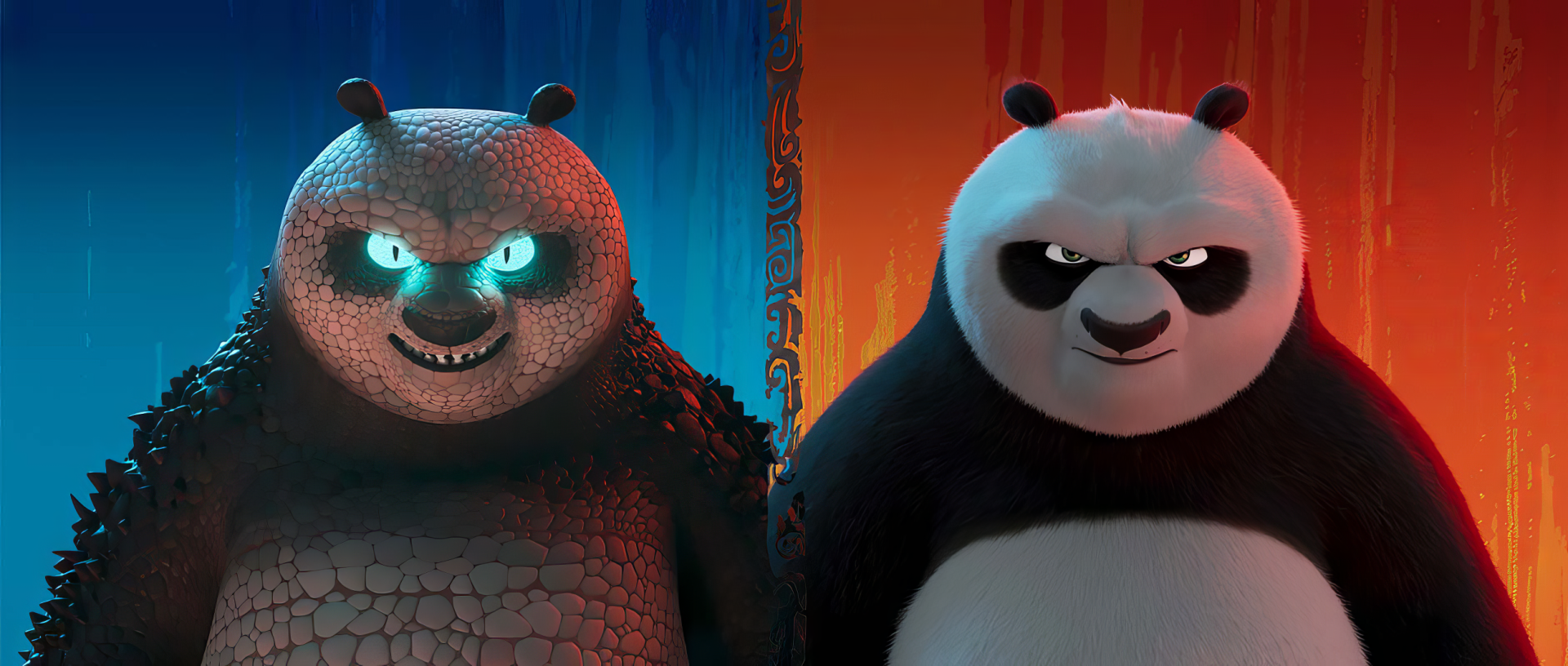 HD wallpaper featuring Po from Kung Fu Panda 4 with a striking blue and red background.