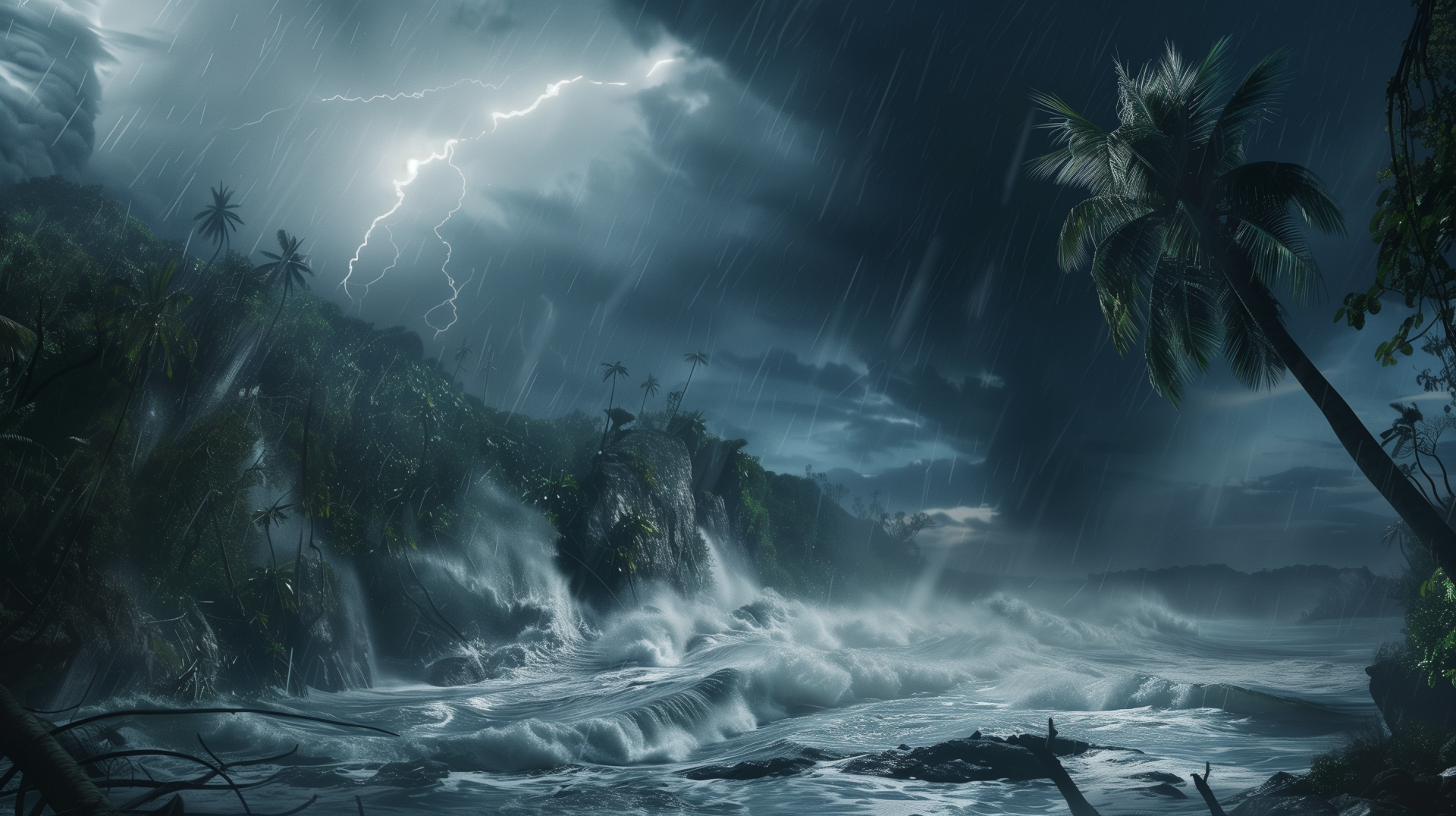A dramatic HD wallpaper depicting a hurricane scene with turbulent waves crashing against a rocky shore, palm trees swaying, and lightning illuminating a stormy sky.