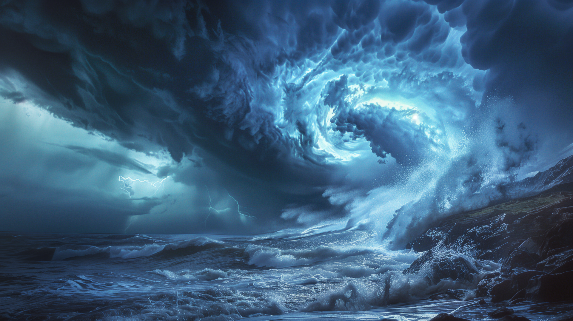 HD desktop wallpaper featuring a dramatic artistic depiction of a hurricane with swirling clouds over a tumultuous sea.