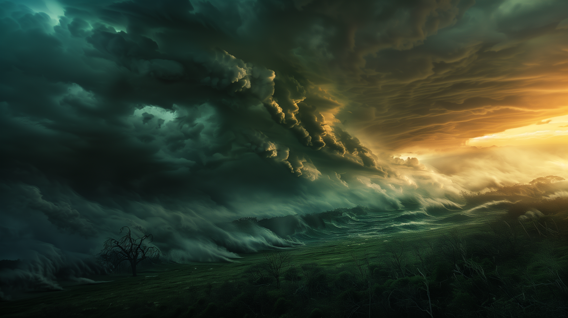 HD desktop wallpaper featuring a dramatic depiction of a hurricane with swirling dark clouds and a sunset in the background.