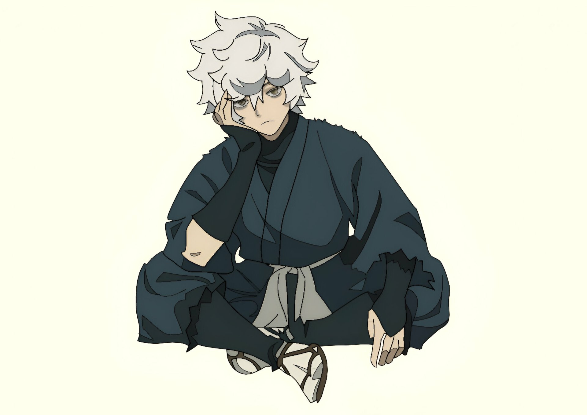 Anime HD wallpaper featuring Gabimaru from Hell's Paradise sitting cross-legged in traditional dark attire against a light background.