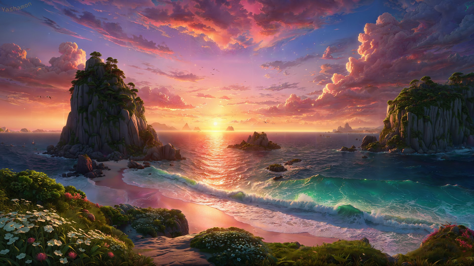 A stunning seascape at sunset, featuring a vibrant coastline with lush greenery and rocky formations, creating a serene beach atmosphere bathed in orange and pink hues.