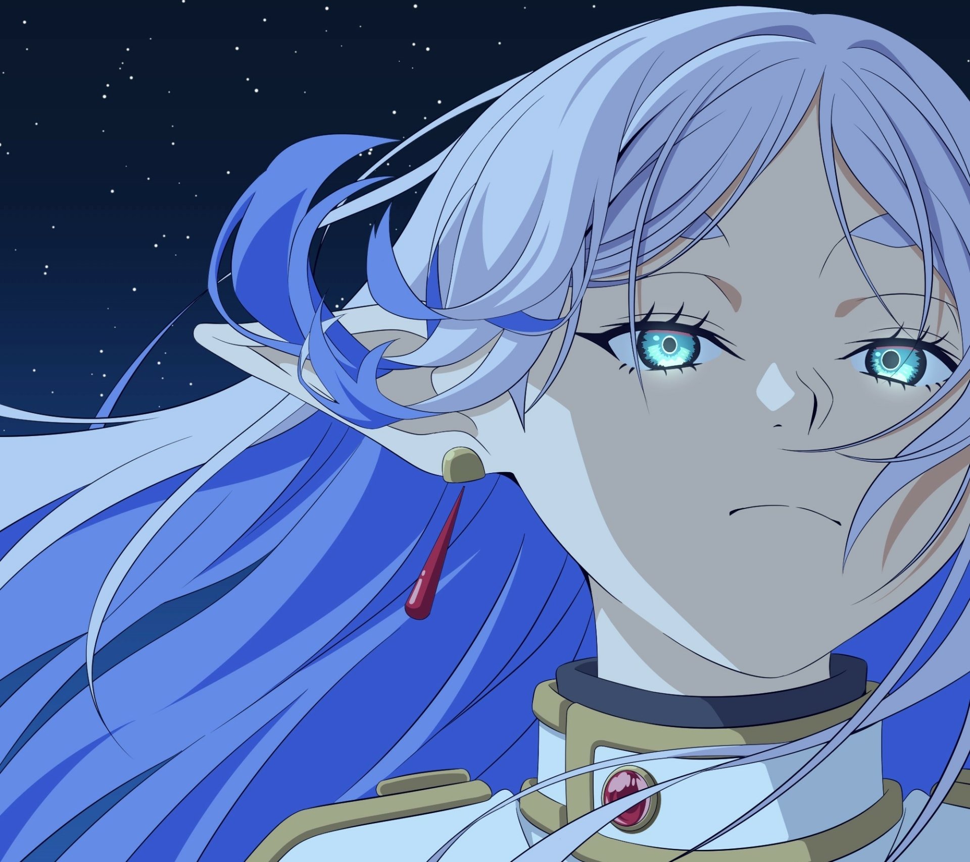 Close-up of Frieren from the anime Frieren: Beyond Journey's End, set against a starry night sky in this HD PC desktop wallpaper.