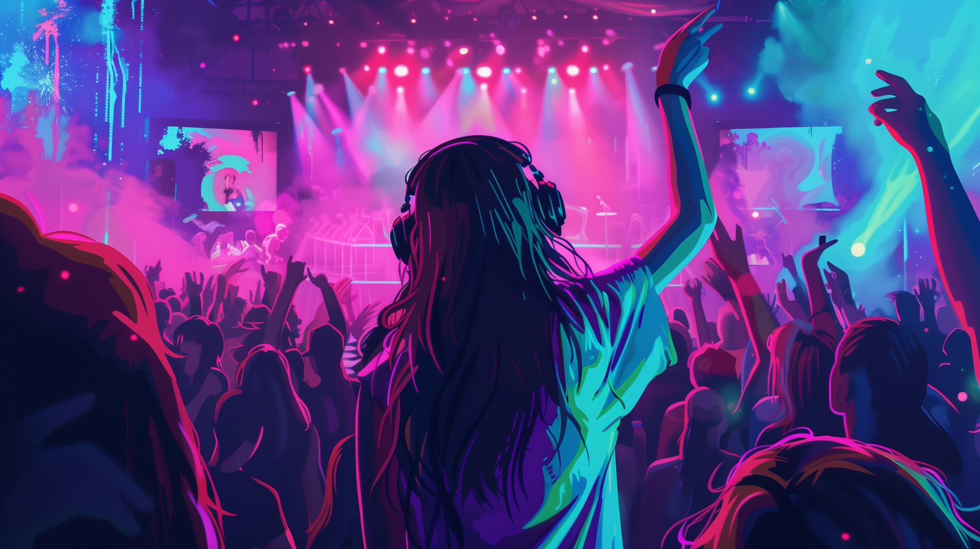 Colorful HD desktop wallpaper featuring an animated crowd enjoying a rave with vibrant lights and electronic music ambiance.