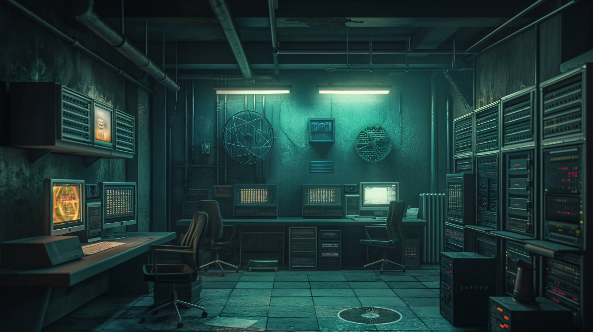 HD desktop wallpaper featuring a stylized computer server room with retro-futuristic tech ambiance.