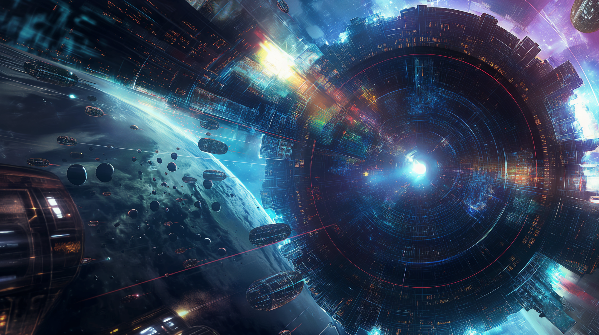 A stunning HD desktop wallpaper featuring a sci-fi spaceship soaring near a vibrant, futuristic planet, illuminated by dynamic colors and intricate cosmic structures.