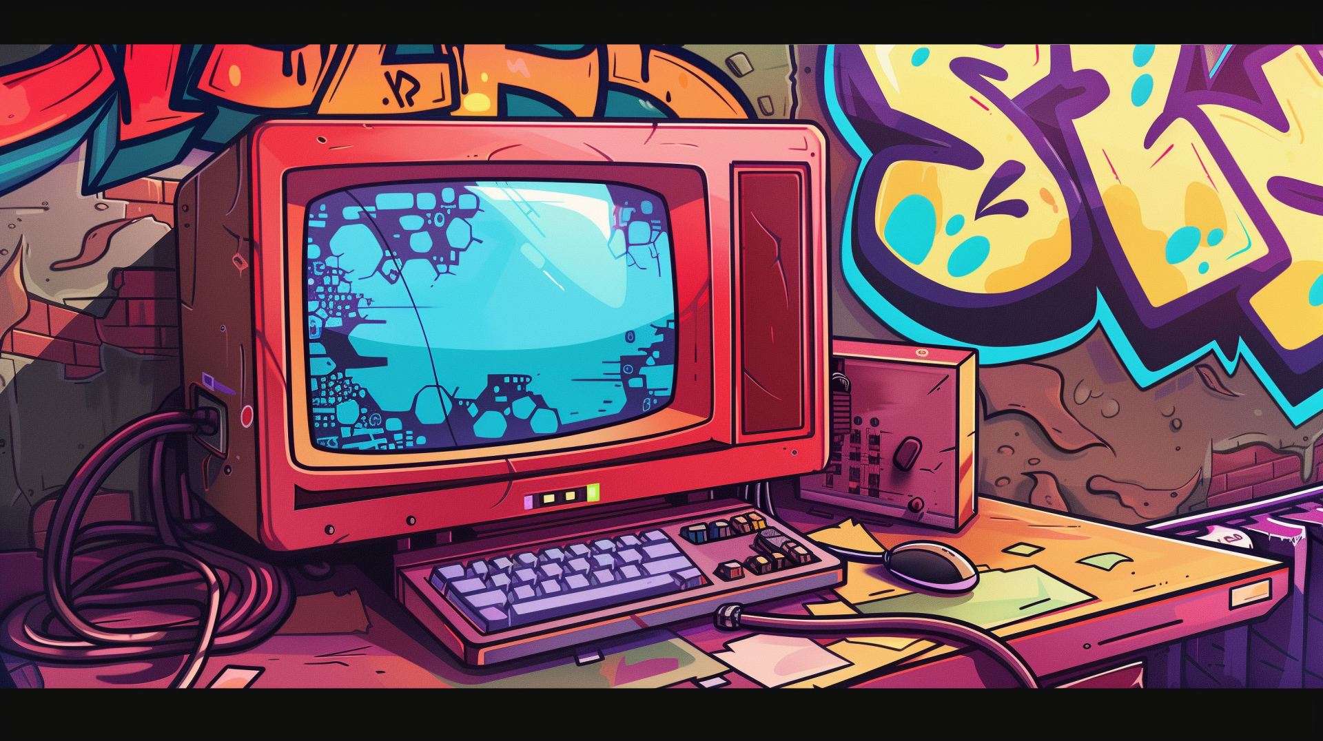 HD desktop wallpaper featuring a vibrant illustration of a retro computer setup with colorful graffiti in the background.