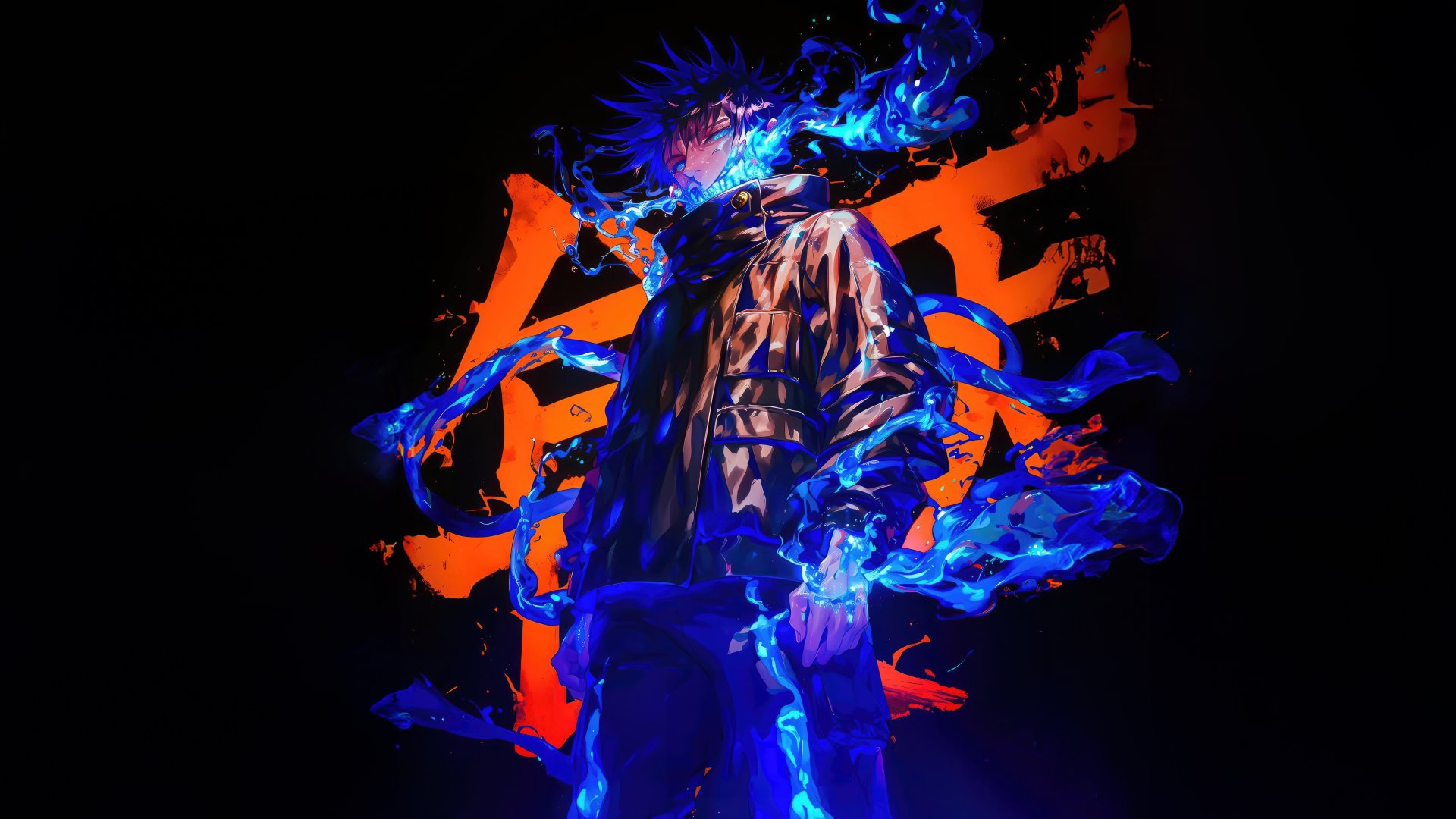 HD wallpaper of Megumi Fushiguro from Jujutsu Kaisen anime with dynamic blue and orange effects for desktop background.