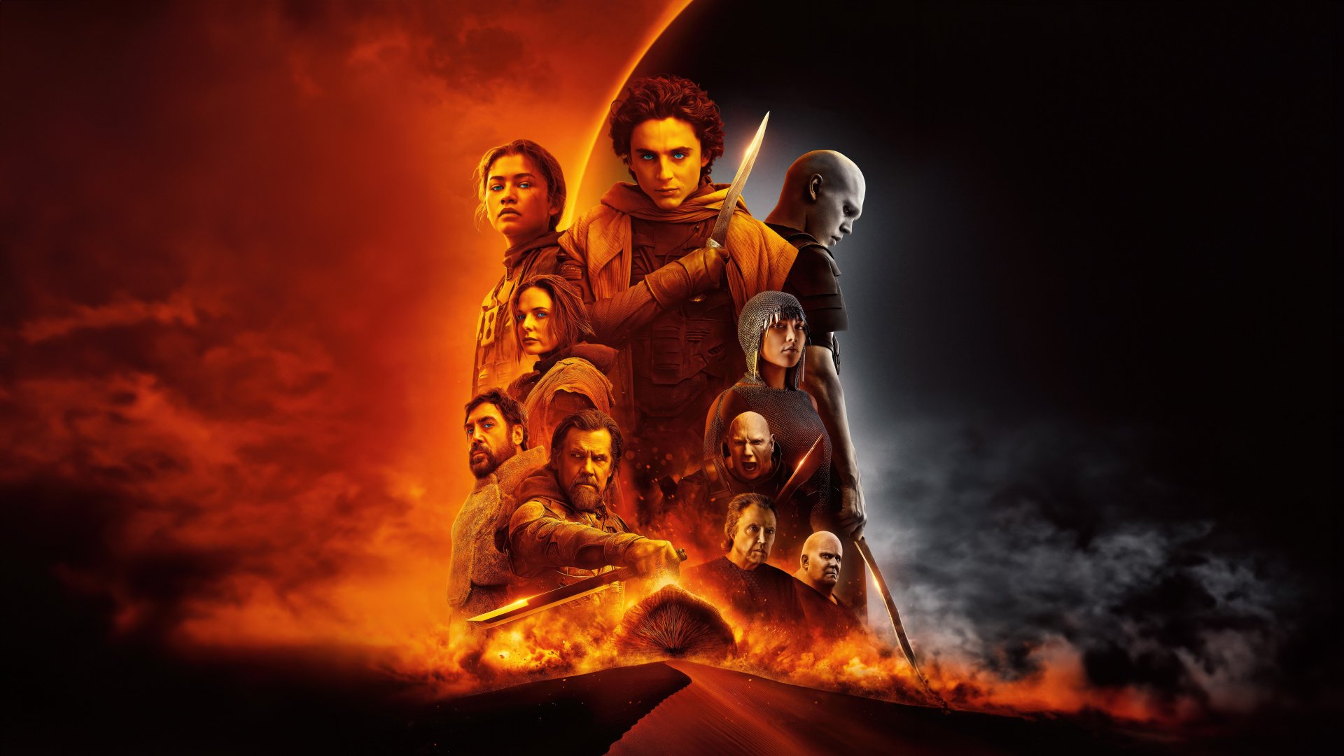 Stunning HD wallpaper featuring characters from Dune: Part Two, showcasing a dramatic contrast between light and dark against a fiery background.