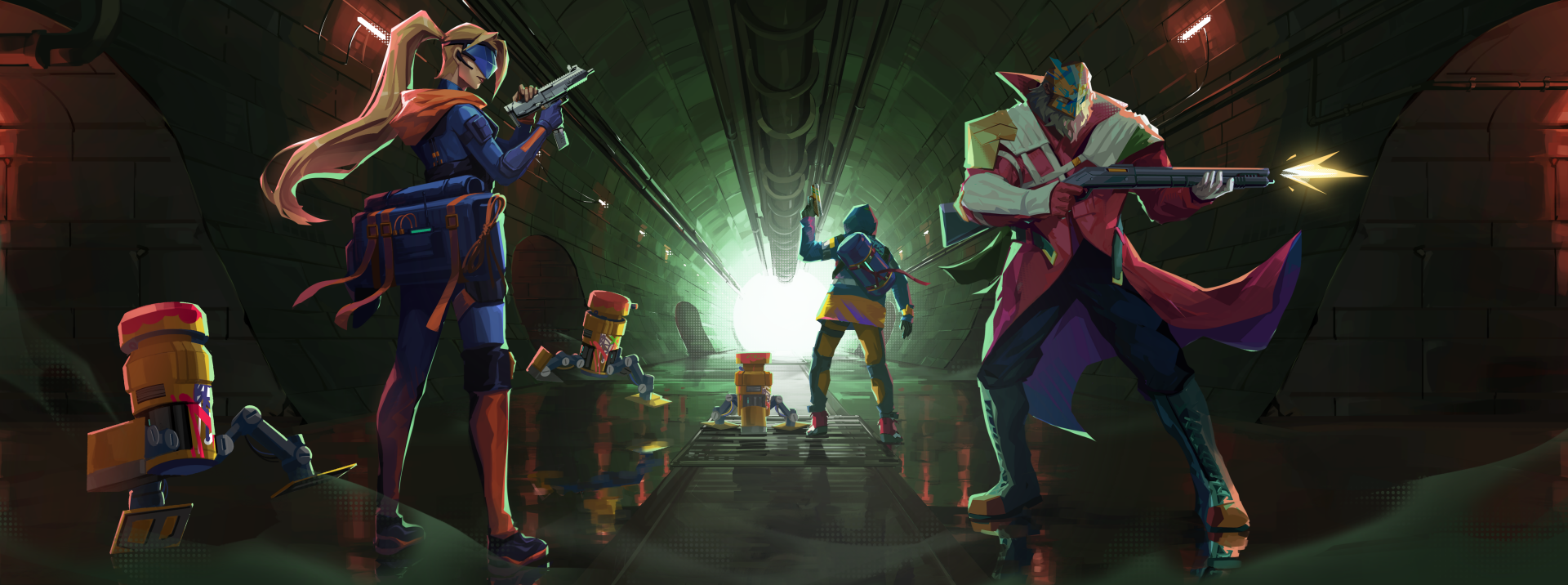 HD desktop wallpaper featuring characters from the video game Riftstorm poised for action in a dynamic, sci-fi corridor setting.