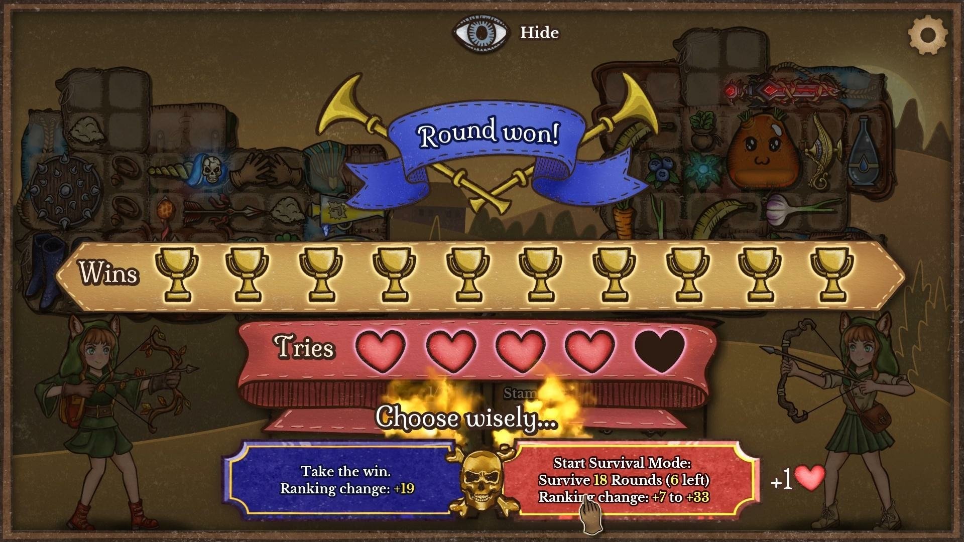 HD desktop wallpaper featuring a victory screen from Backpack Battles video game with Round won! banner and game options.