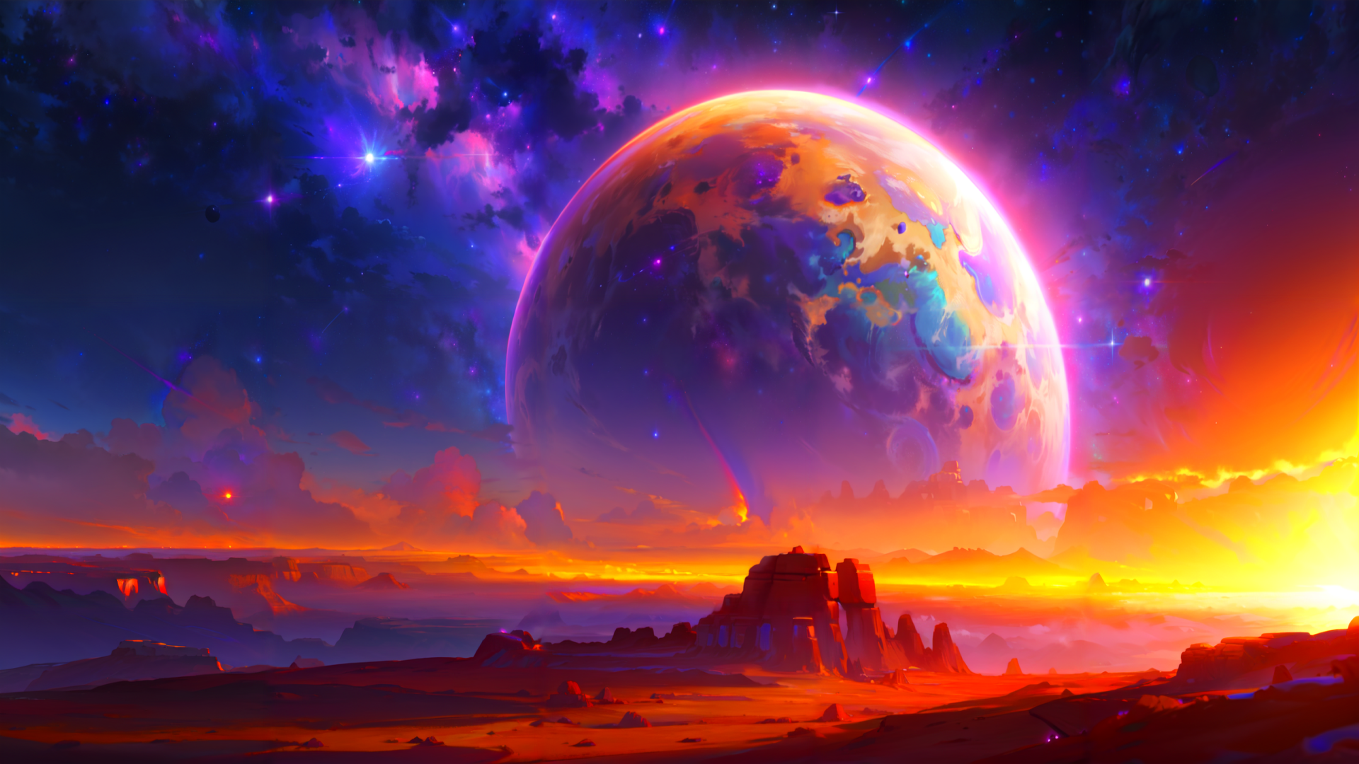 Download Sci Fi Landscape Stars Sky Sunset 4k Ultra HD Wallpaper