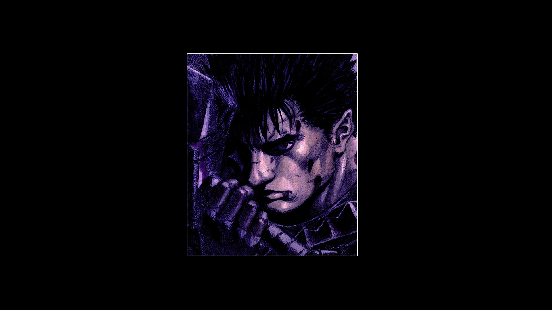 HD PC desktop wallpaper featuring Guts from the anime Berserk, showcasing a dark, intense close-up with dramatic shadows and detailed artwork.