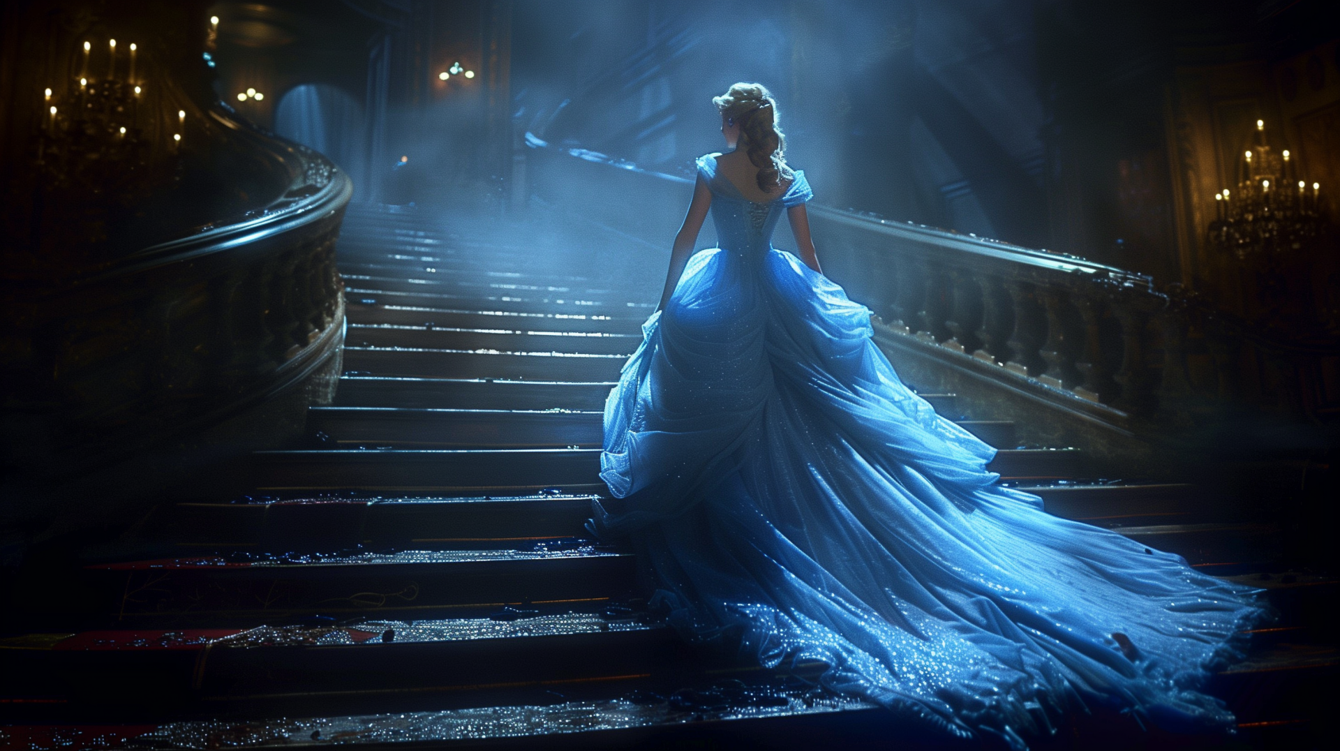 A breathtaking HD wallpaper featuring Cinderella in a stunning blue gown, gracefully ascending the grand staircase, enveloped in a mystical atmosphere from Disney's enchanting tale.