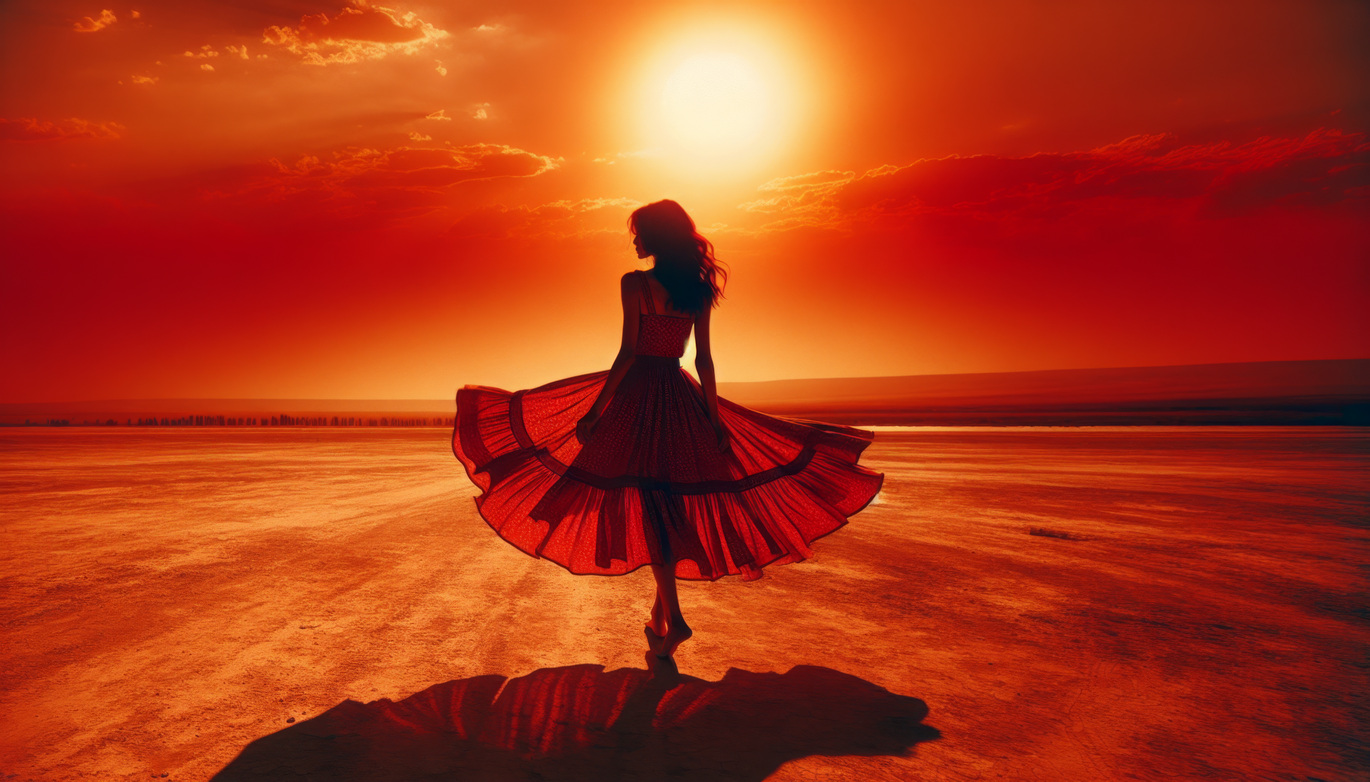 Woman in a sundress twirling at sunset, casting a silhouette against a vibrant sky—HD wallpaper.