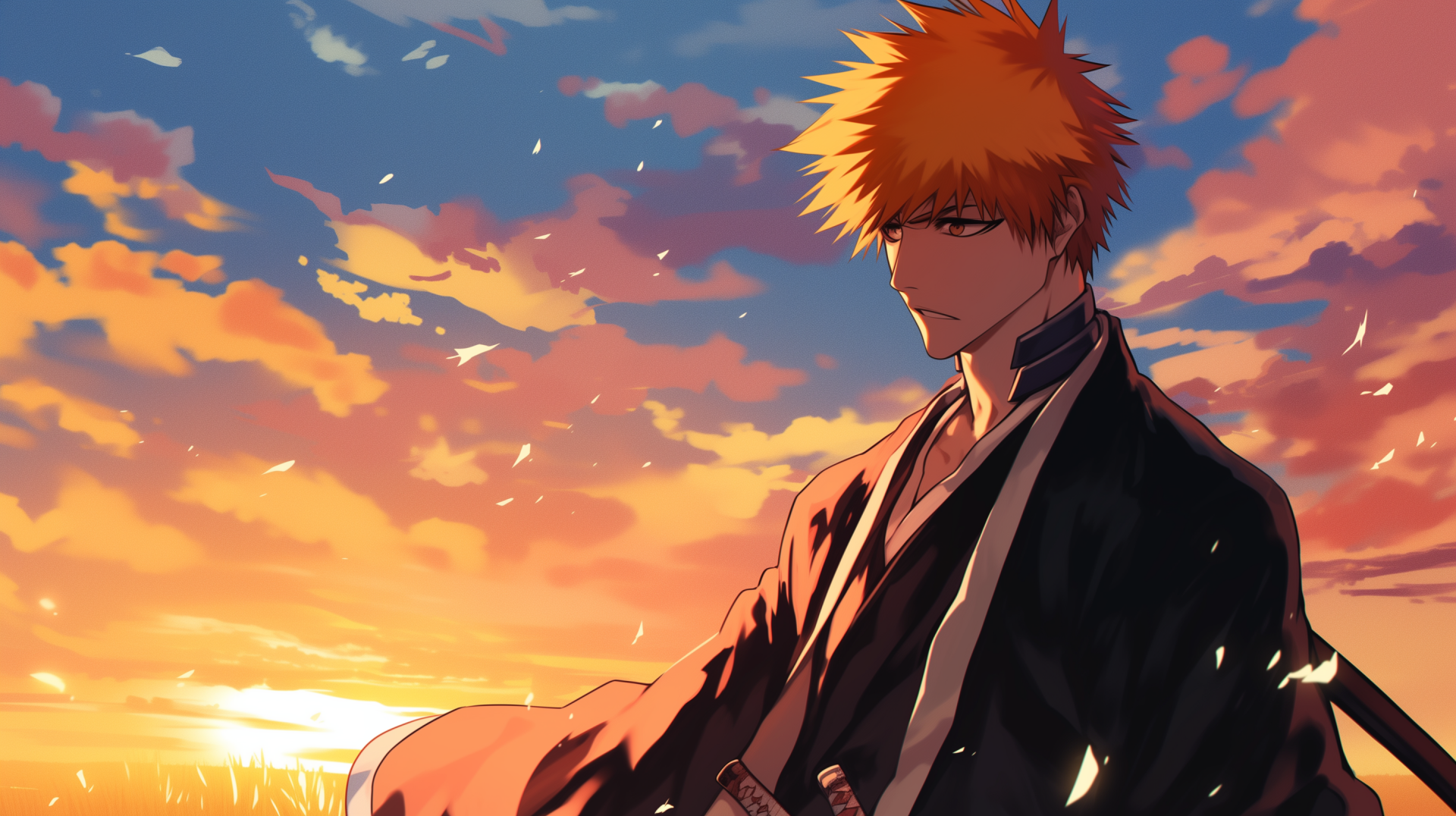 HD wallpaper featuring Ichigo Kurosaki from the anime Bleach, standing against a vibrant sunset with dynamic clouds, showcasing his signature orange hair and serious expression.