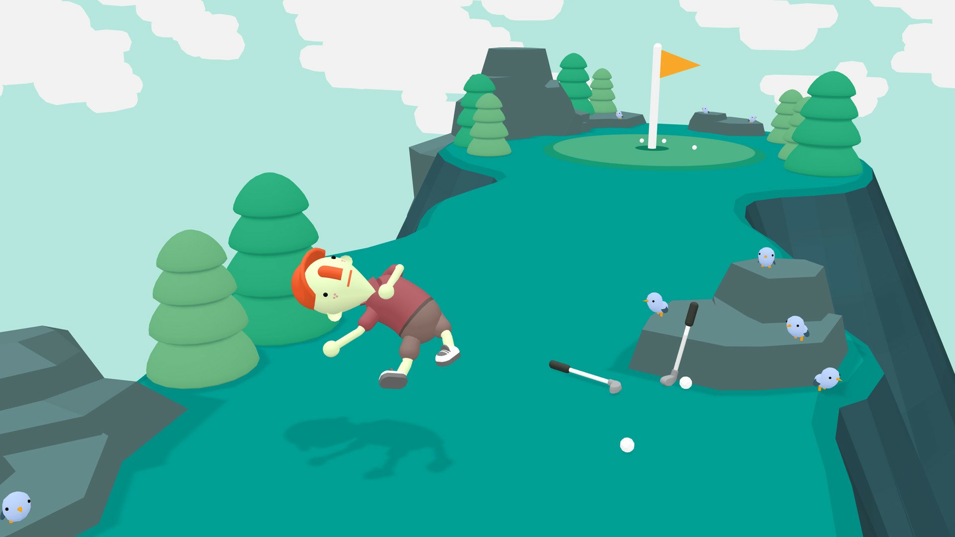 HD desktop wallpaper featuring a whimsical scene from the video game 'What the Golf?' with a cartoon golfer and playful obstacles.