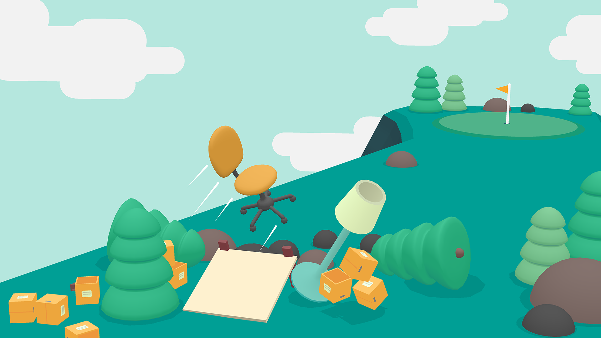 HD wallpaper featuring a quirky scene from the video game 'What the Golf?', with a stylized golf course, whimsical obstacles, and a playful aesthetic.