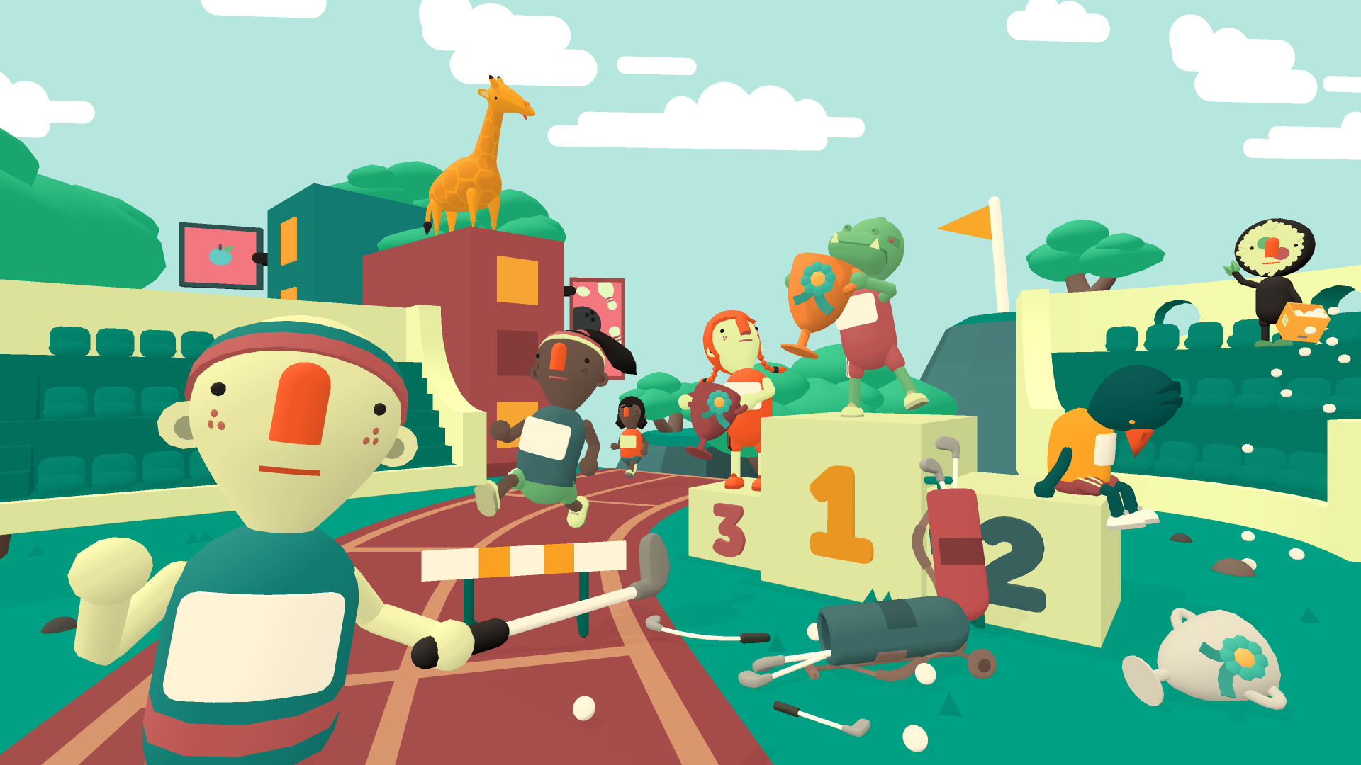 A vibrant scene from the video game What the Golf?, featuring whimsical characters and playful landscapes, serves as a dynamic 4K Ultra HD PC desktop wallpaper.