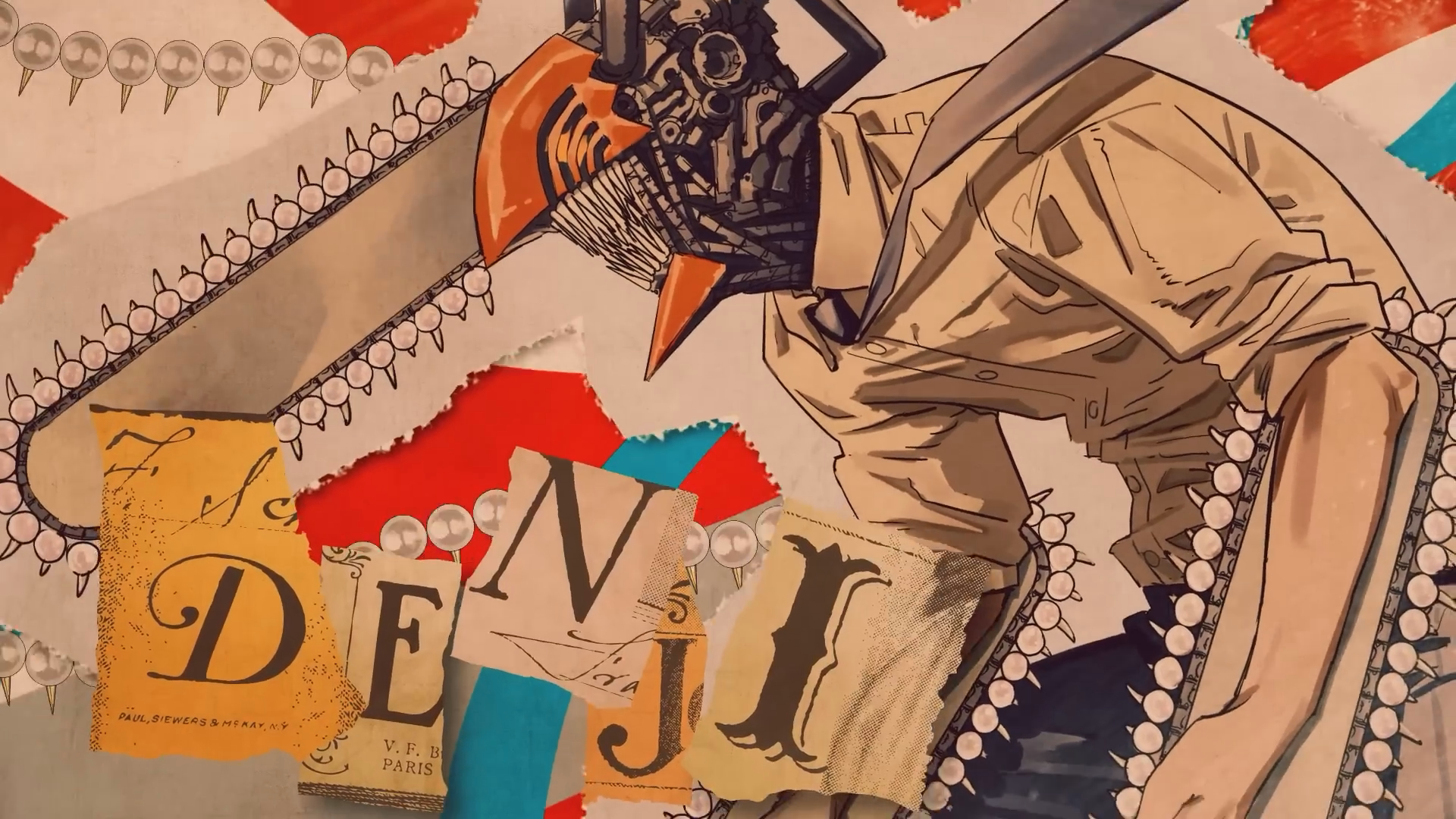 HD PC desktop wallpaper featuring Denji from the anime and manga Chainsaw Man, showcasing dynamic chainsaw elements and bold red accents.