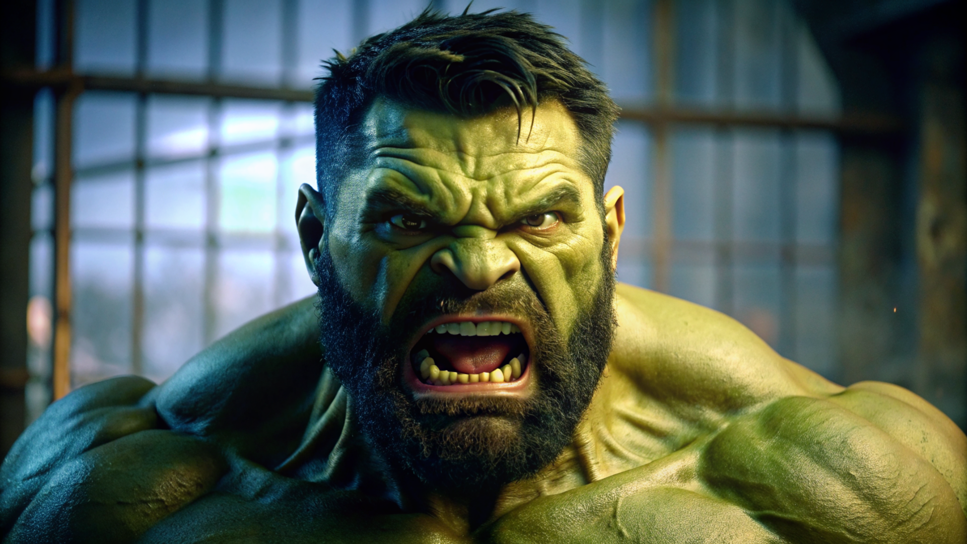 HD PC desktop wallpaper featuring a close-up of the angry Hulk from the comic universe, showcasing intense facial expression and muscular detail.