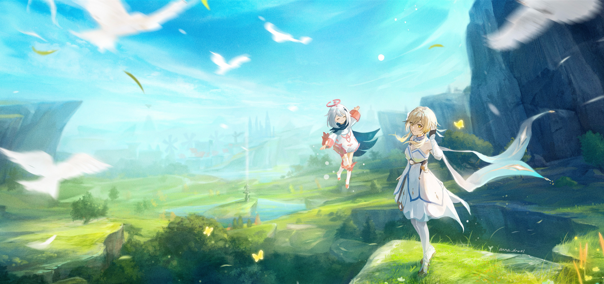 4K Ultra HD wallpaper featuring Lumine and Paimon from Genshin Impact standing on a cliff overlooking a vibrant, expansive landscape under a bright blue sky.