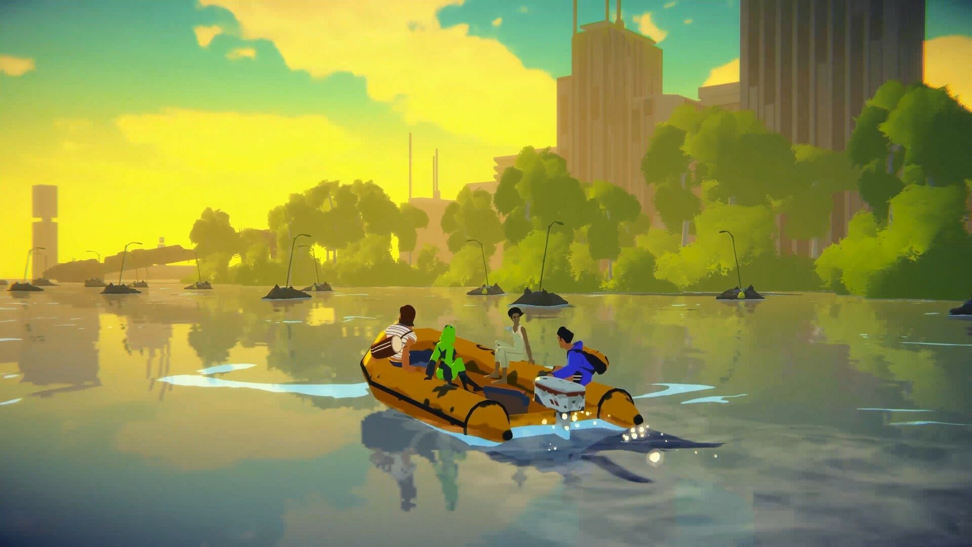 HD wallpaper featuring a scene from the video game Highwater with characters navigating a flooded cityscape in a yellow boat, set against a vibrant sunset.