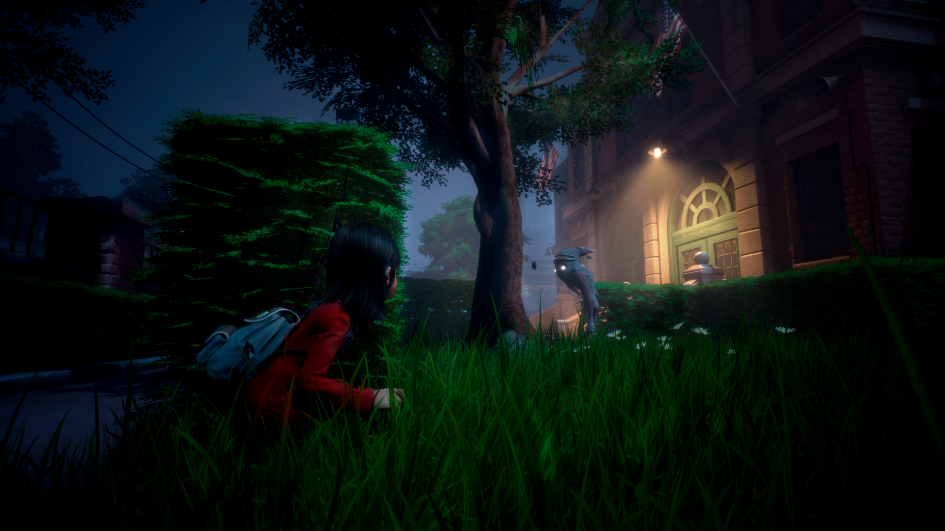 HD Wallpaper of Gylt video game showing a stealth scene with main character hiding in grass at night.